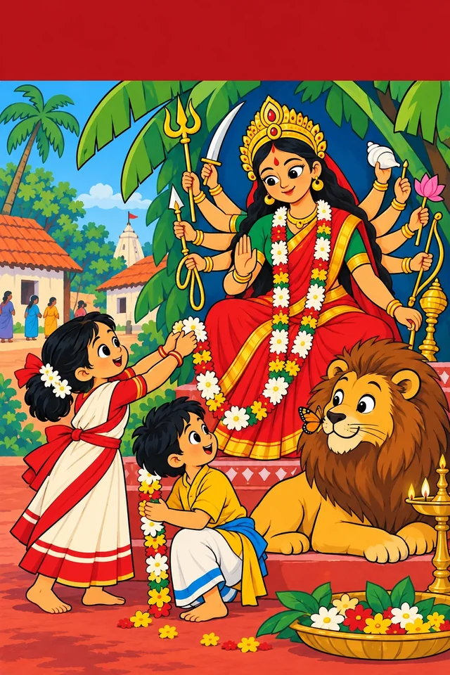 Children offer a garland to Maa Durga while a butterfly catches her friendly lion’s attention